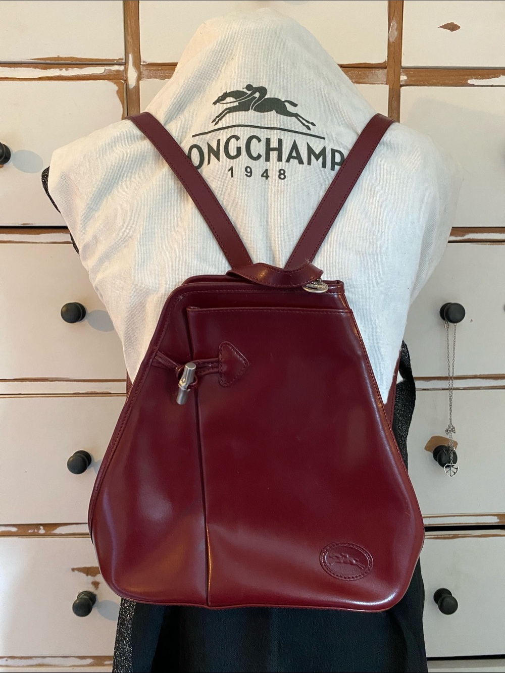 Longchamp Burgundy Leather Backpack with Top Zip and Front Toggle. Unique!